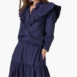 XIRENA callie top in dark navy size small button down ruffle cotton poplin